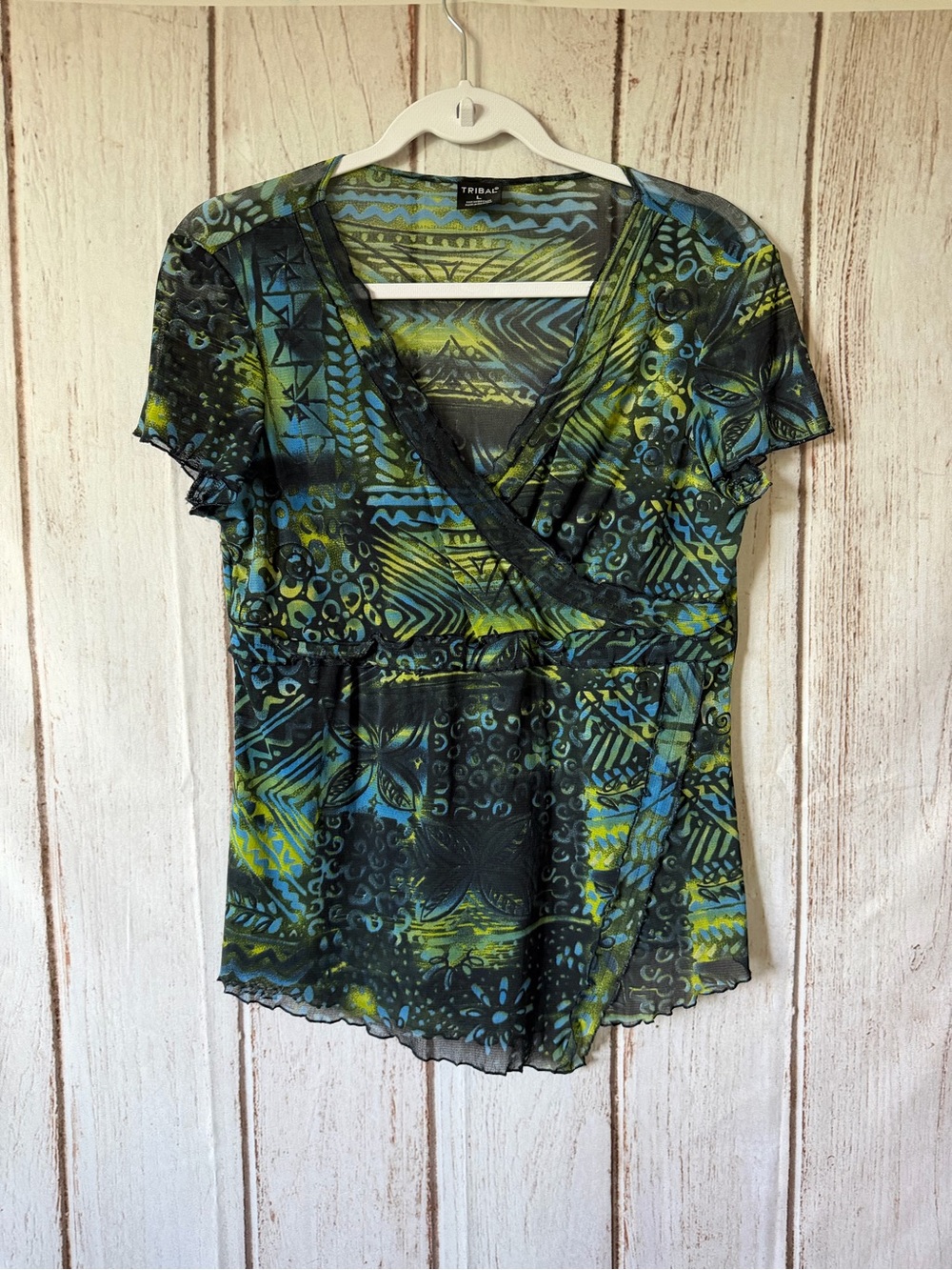 Tribal Abstract Print Mesh Surplice V-Neck Top Size L